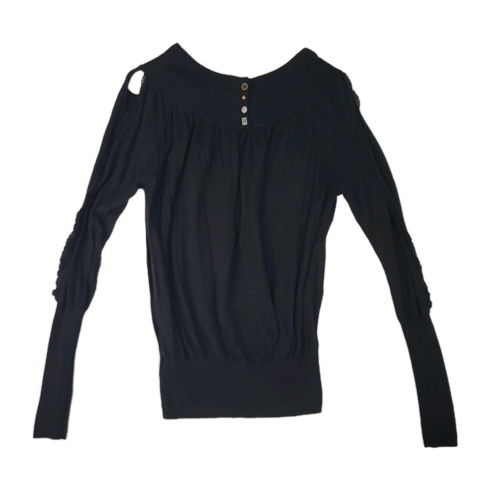 Free People Vintage Black Boho Long Sleeve Knit Top Women's XS Button Detail